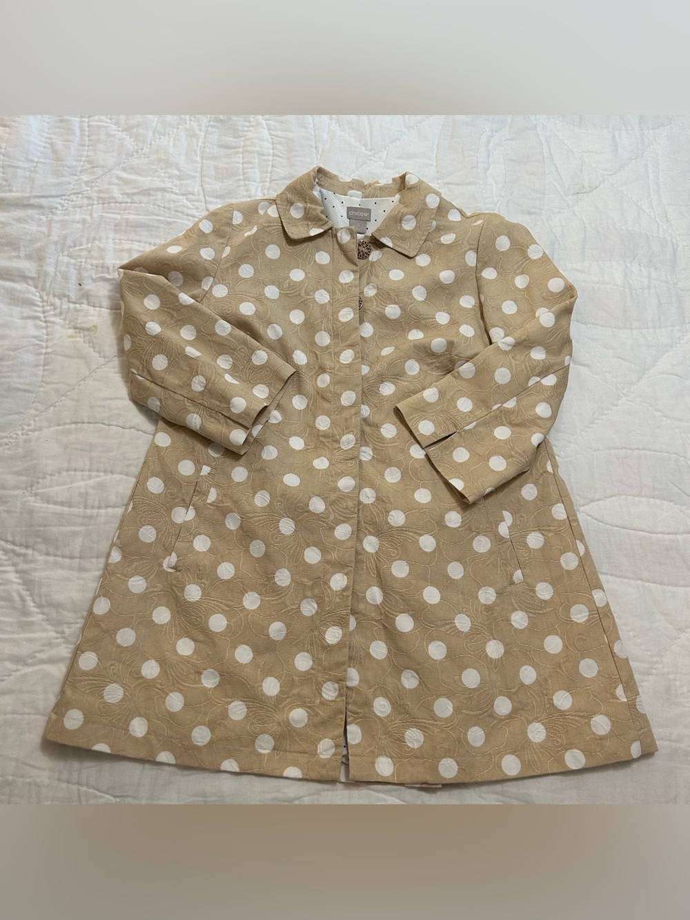 Chico’s Overcoat Jacket Polkadot Midi Womens 0 (sz 4-6) 3/4 Sleeve Retro Mod 60s
